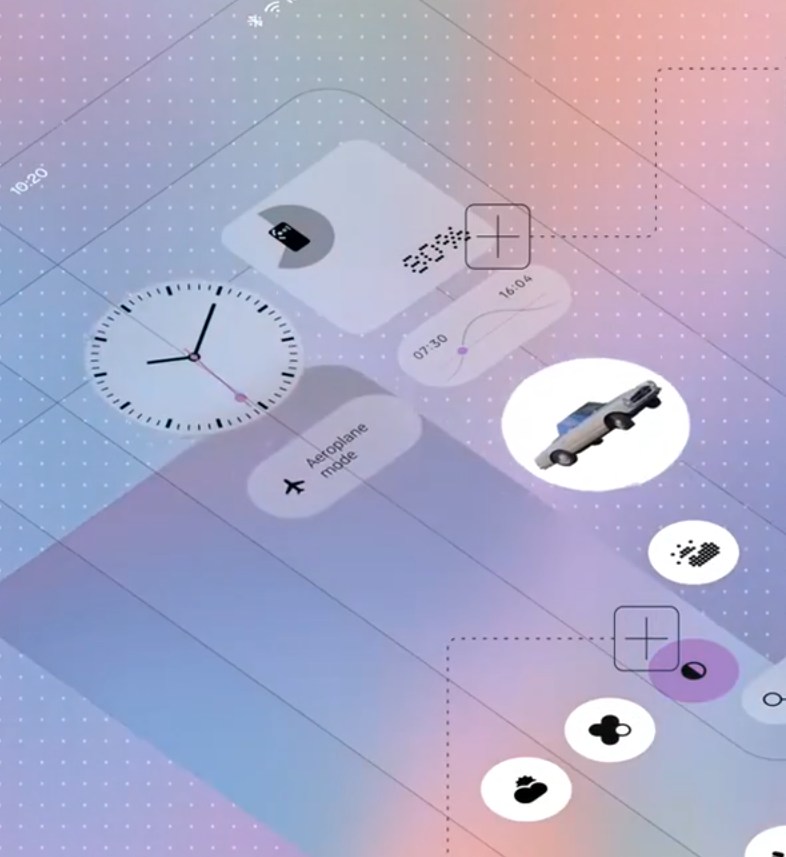 An exploded, isometric view of the Nothing OS 5.0 homescreen: translucent widget panels, an analogue clock and circular app icons floating in layers above a pastel gradient wallpaper.