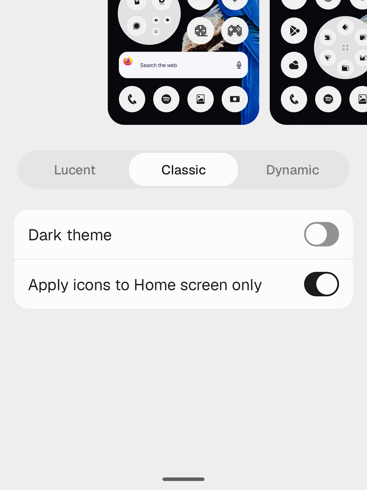 The Classic tab of the picker, which offers only a Dark theme toggle and Apply icons to Home screen only.