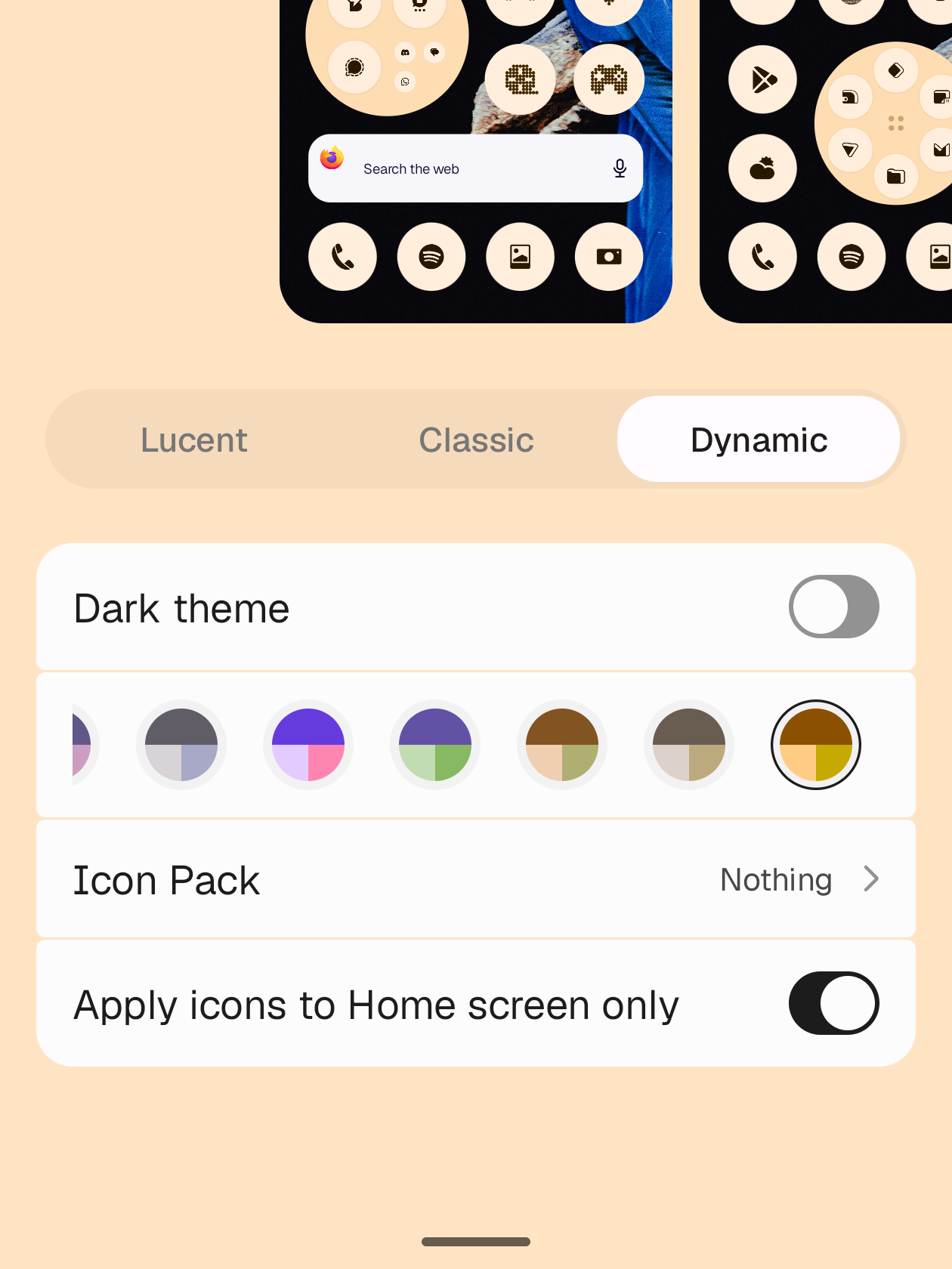The Dynamic tab of the picker, with a row of colour palettes taken from the wallpaper and an Icon Pack row set to Nothing.