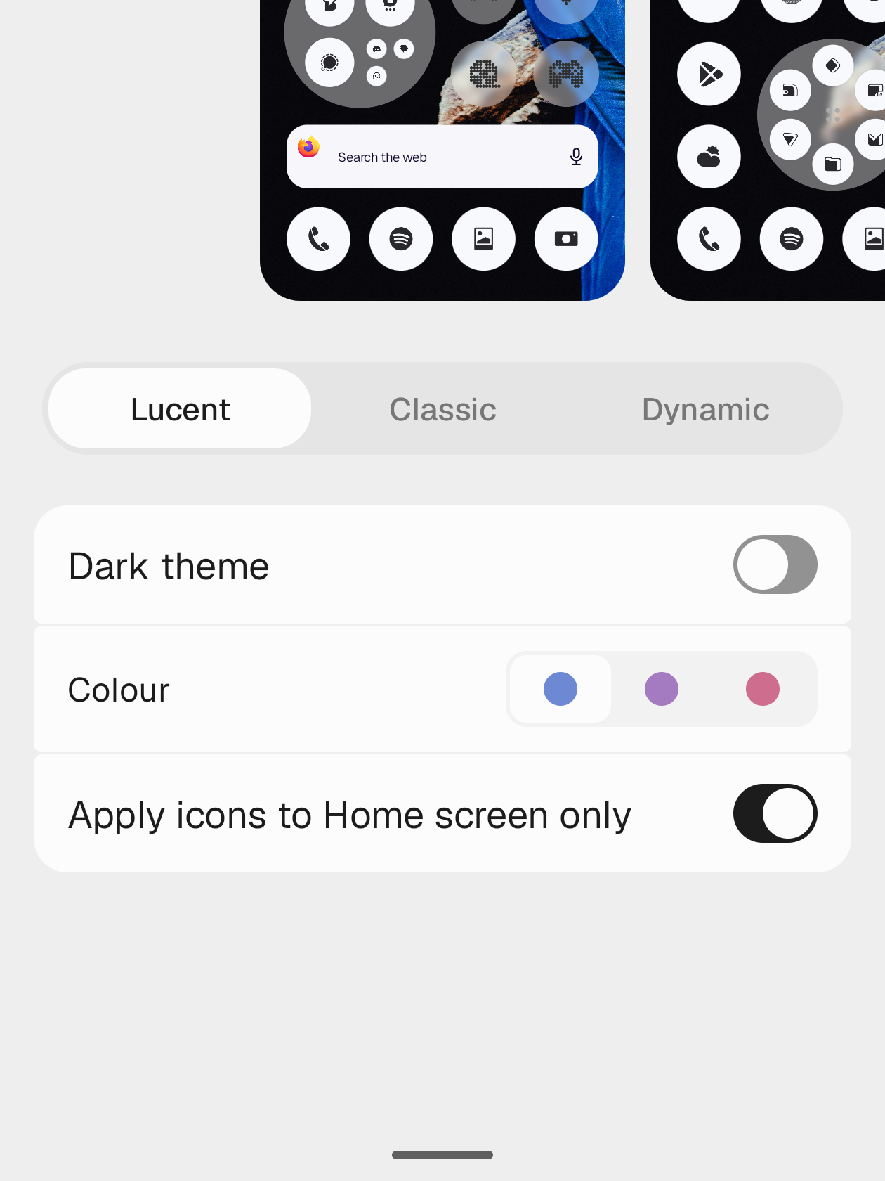 The Lucent tab of the homescreen style picker, with a Dark theme toggle, three colour swatches and an Apply icons to Home screen only toggle.
