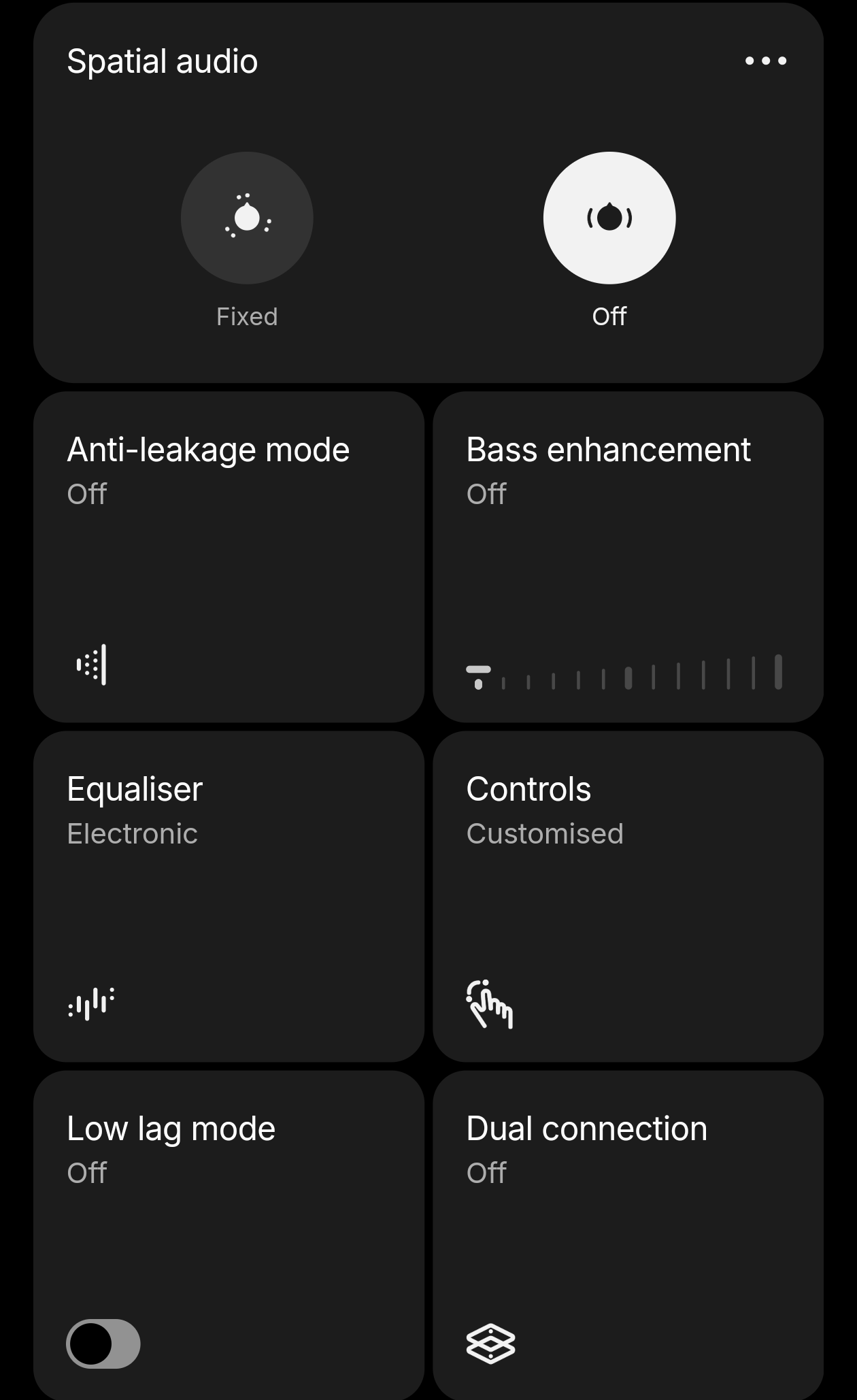 The Nothing X app settings for the Clip Pro: Spatial audio, Anti-leakage mode, Bass enhancement, Equaliser, Controls, Low lag mode and Dual connection.
