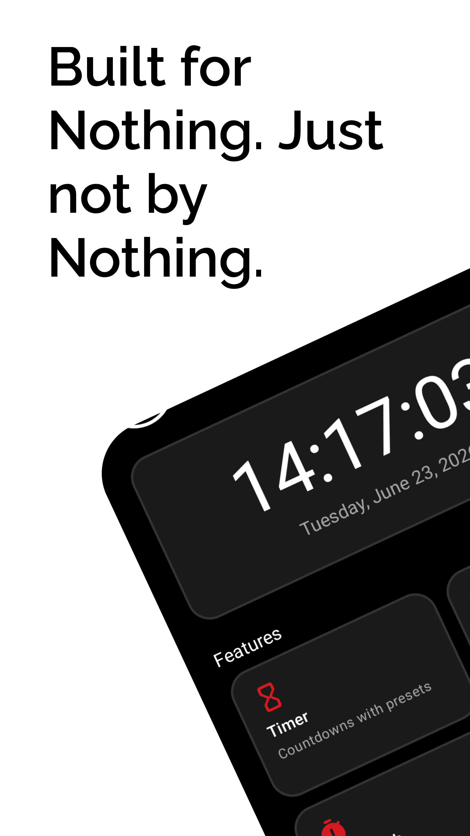 N Clock home screen with the digital clock and feature shortcuts