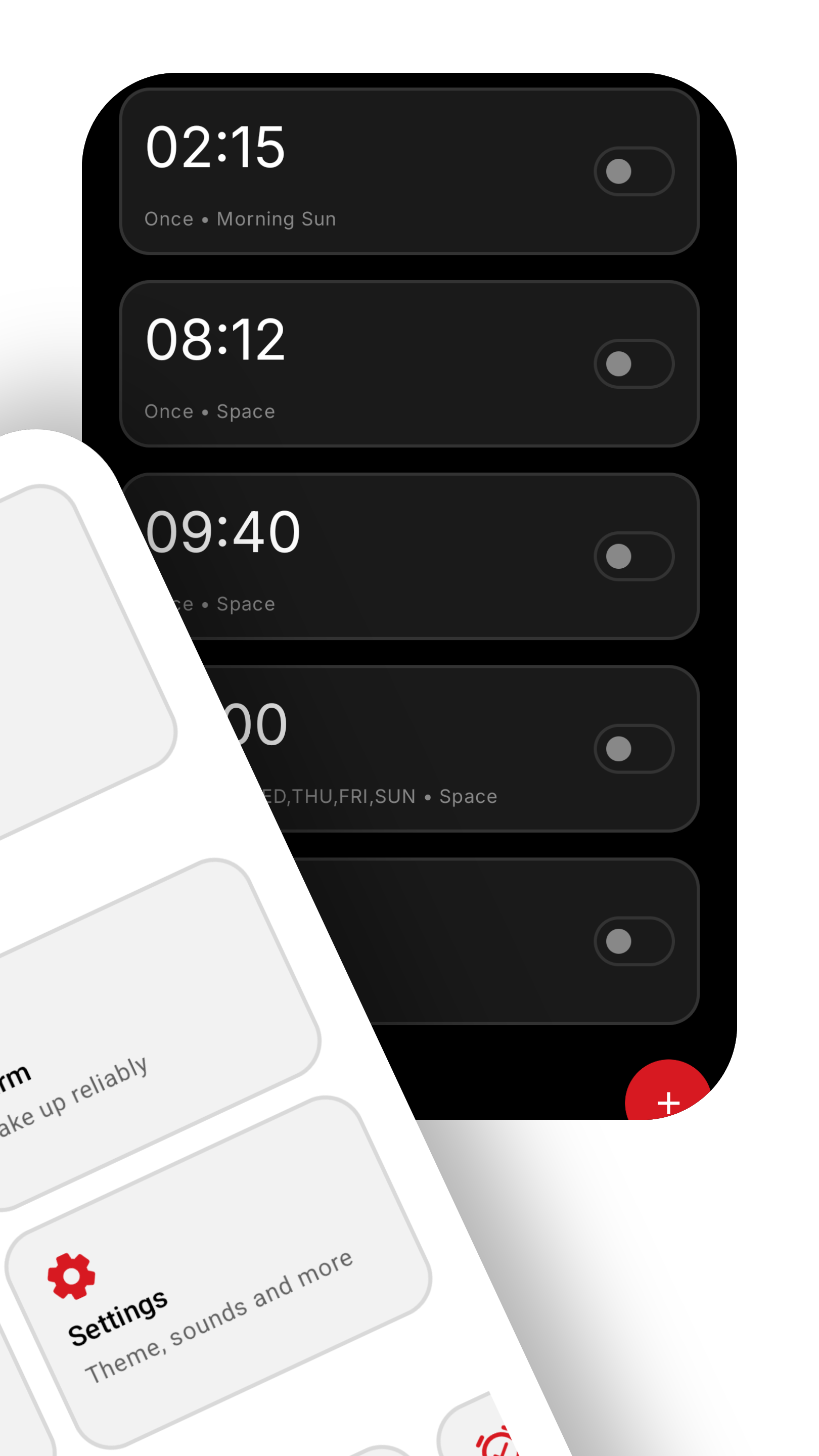 N Clock alarm list with labels and toggles