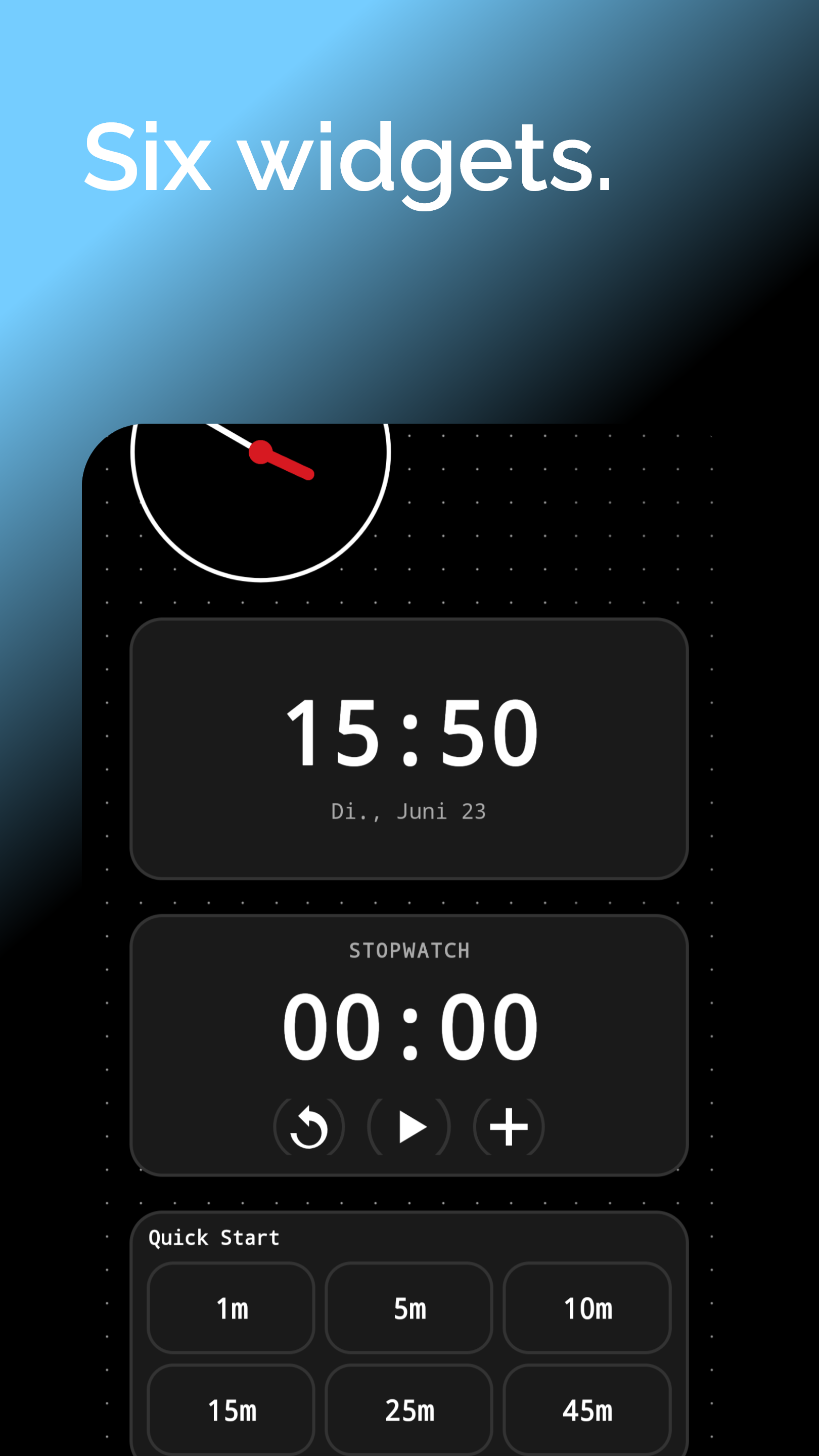 N Clock home screen widgets including clock, stopwatch and quick start