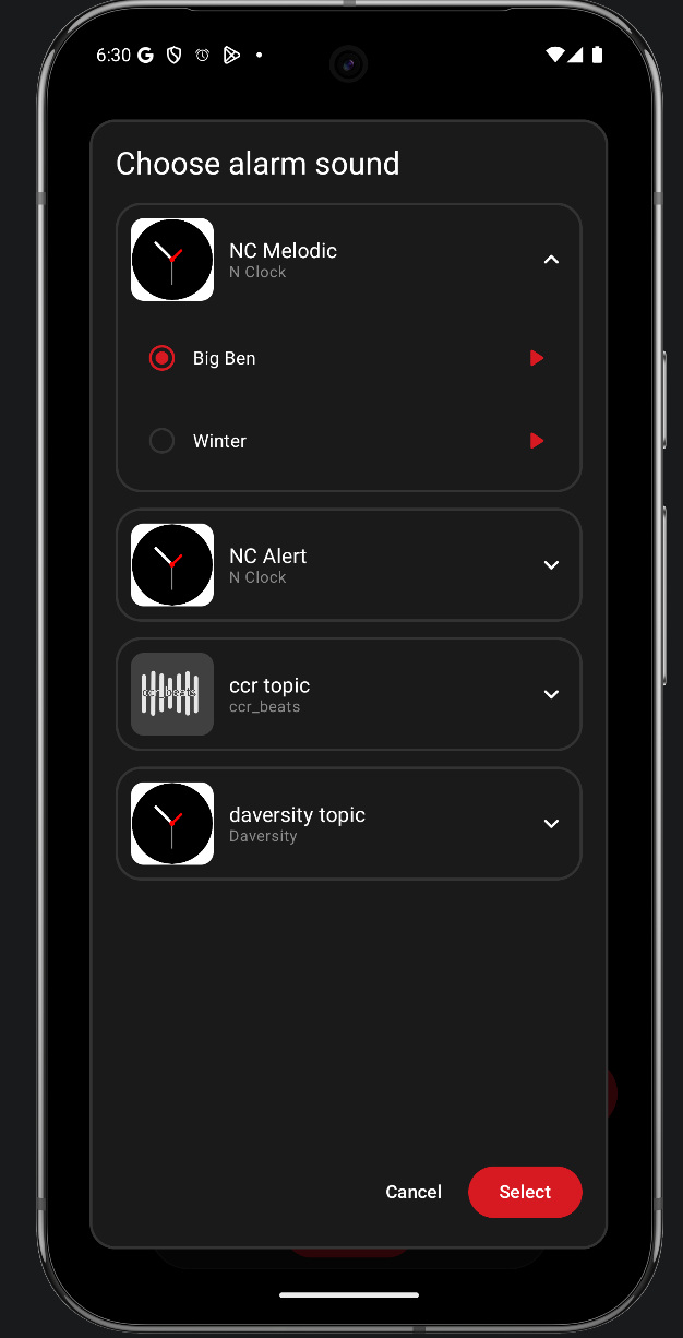 N Clock sound picker with albums, cover art and preview playback