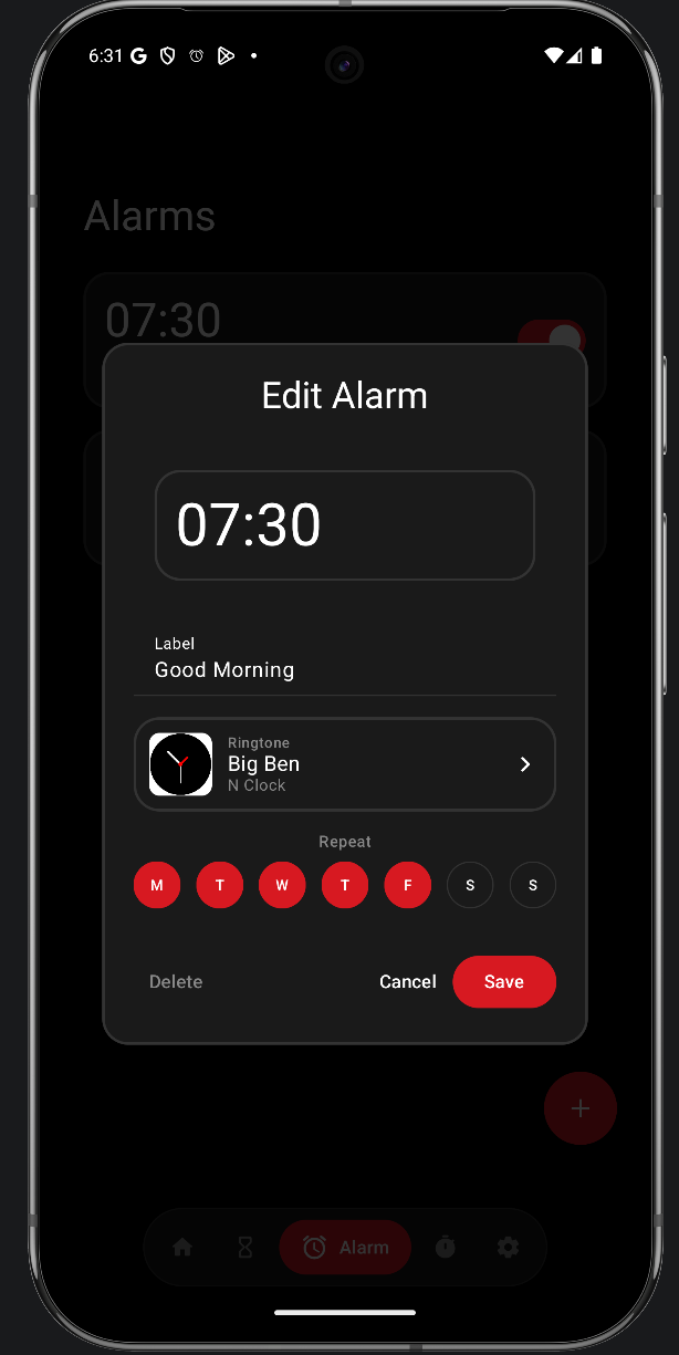 N Clock edit alarm dialog with label, ringtone and weekday repeat