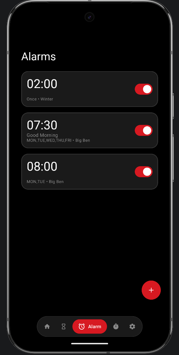 N Clock alarm list with labels, repeat days and toggles
